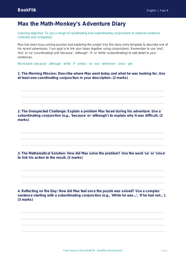 ELA conjunctions template grade 3 greater depth worksheet preview — English Conjunctions