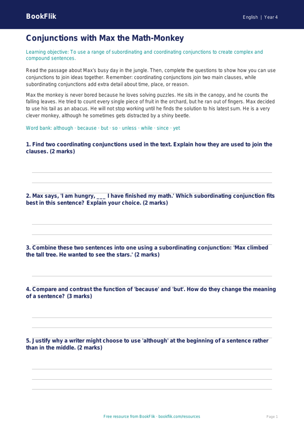 Free Conjunctions Track Sheet | Grade 3 | ELA | BookFlik worksheet preview — English Conjunctions