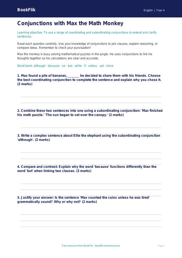 ELA conjunctions worksheet grade 3 greater depth worksheet preview — English Conjunctions