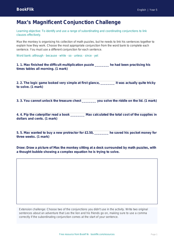 Free Conjunctions Activity Sheet | Grade 4 | ELA | BookFlik worksheet preview — English Conjunctions