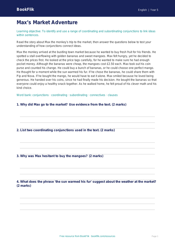 Free Conjunctions Comprehension | Grade 4 | ELA | BookFlik worksheet preview — English Conjunctions