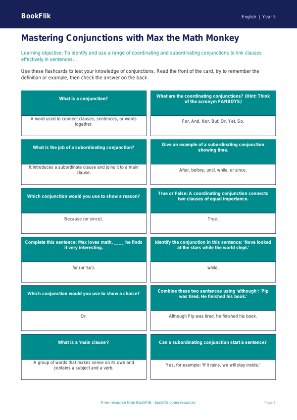 Free Conjunctions Flashcards | Grade 4 | ELA | BookFlik worksheet preview — English Conjunctions