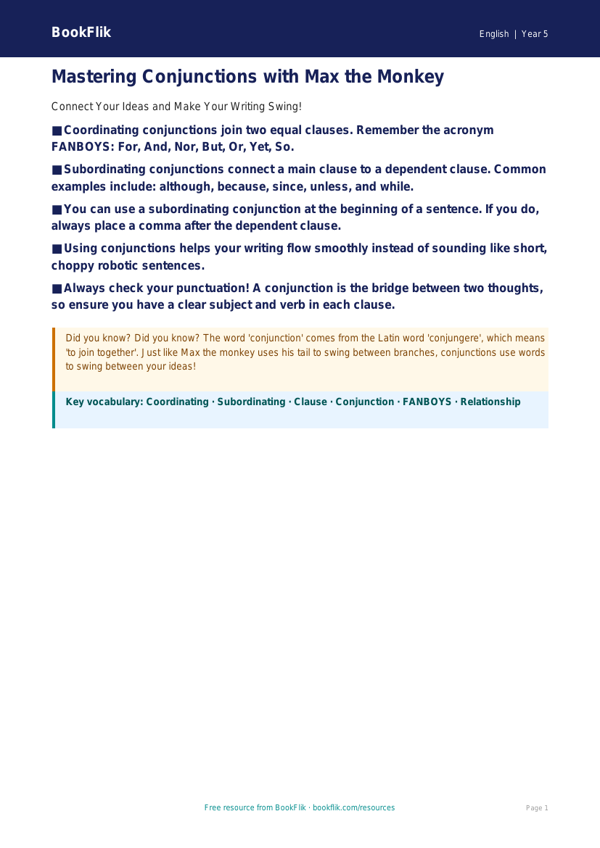 Free Conjunctions Poster | Grade 4 | ELA | BookFlik worksheet preview — English Conjunctions