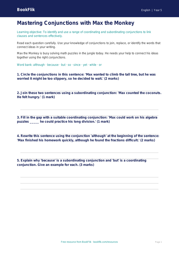 Free Conjunctions Worksheet | Grade 4 | ELA | BookFlik worksheet preview — English Conjunctions