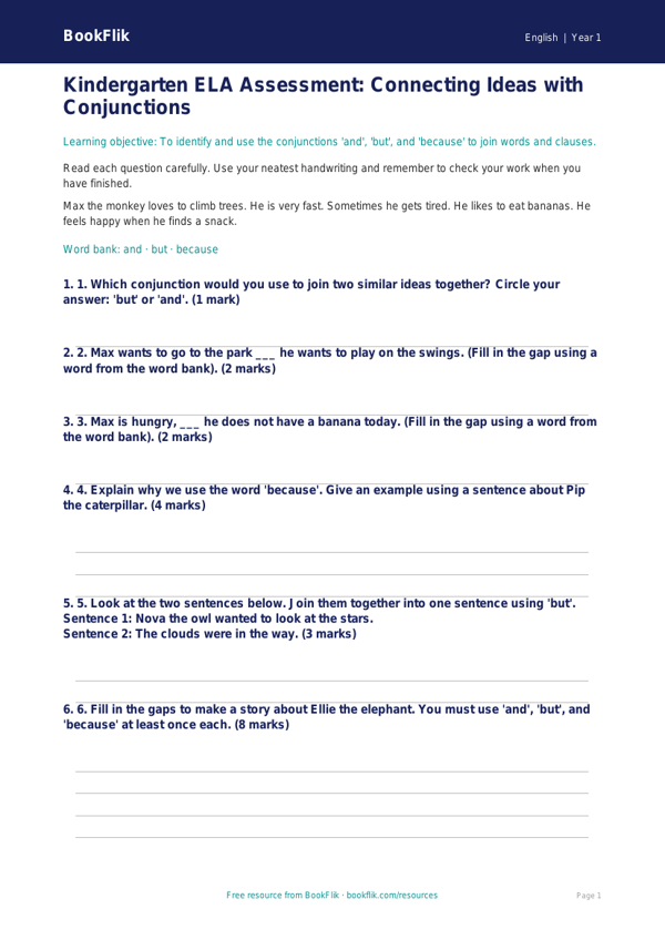 Free Conjunctions Assessment | Kindergarten | ELA | BookFlik worksheet preview — English Conjunctions