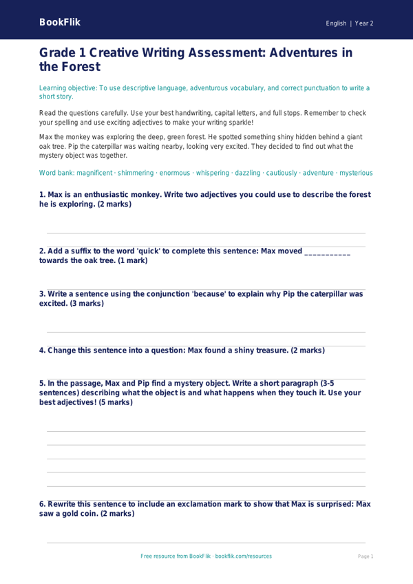 Free Creative Writing Assessment | Grade 1 | ELA | BookFlik worksheet preview — English Creative Writing