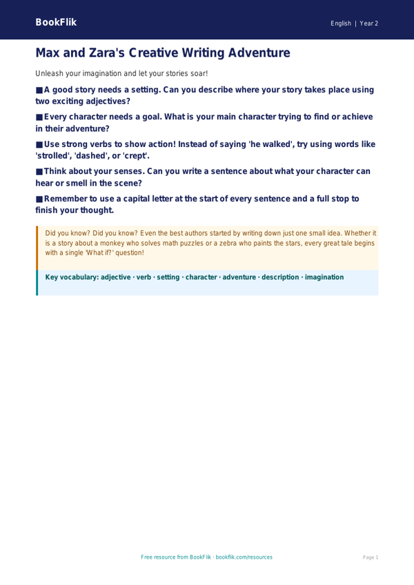 Free Creative Writing Poster | Grade 1 | ELA | BookFlik worksheet preview — English Creative Writing