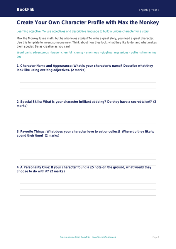 Free Creative Writing Template | Grade 1 | ELA | BookFlik worksheet preview — English Creative Writing