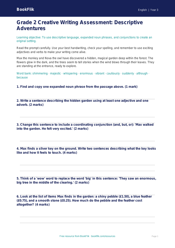Free Creative Writing Assessment | Grade 2 | ELA | BookFlik worksheet preview — English Creative Writing