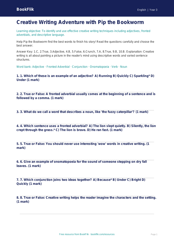 Creative Writing Quiz for Grade 2 | Common Core ELA | BookFlik worksheet preview — English Creative Writing