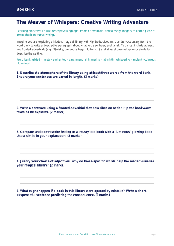 Free Creative Writing Activity Sheet | Grade 3 | ELA | BookFlik worksheet preview — English Creative Writing