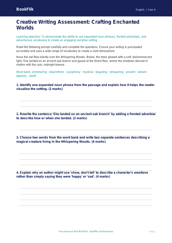 Free Creative Writing Assessment | Grade 3 | ELA | BookFlik worksheet preview — English Creative Writing