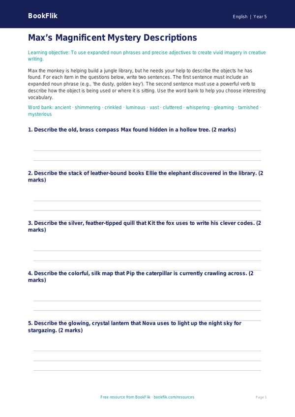 Free Creative Writing Activity Sheet | Grade 4 | ELA | BookFlik worksheet preview — English Creative Writing