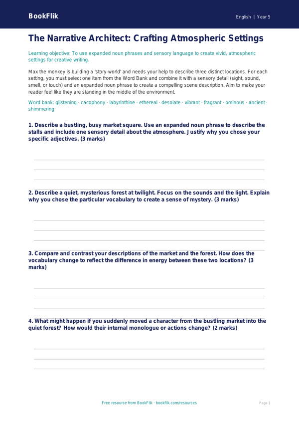 Free Creative Writing Activity Sheet | Grade 4 | ELA | BookFlik worksheet preview — English Creative Writing