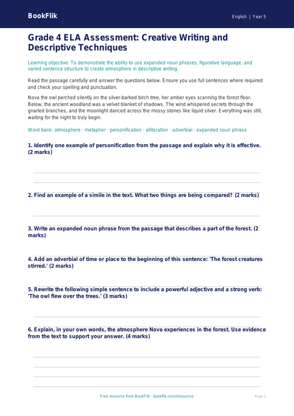Free Creative Writing Assessment | Grade 4 | ELA | BookFlik worksheet preview — English Creative Writing