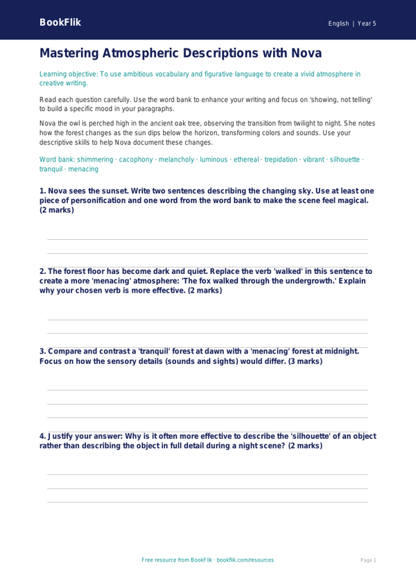 Free Creative Writing Worksheet | Grade 4 | ELA | BookFlik worksheet preview — English Creative Writing