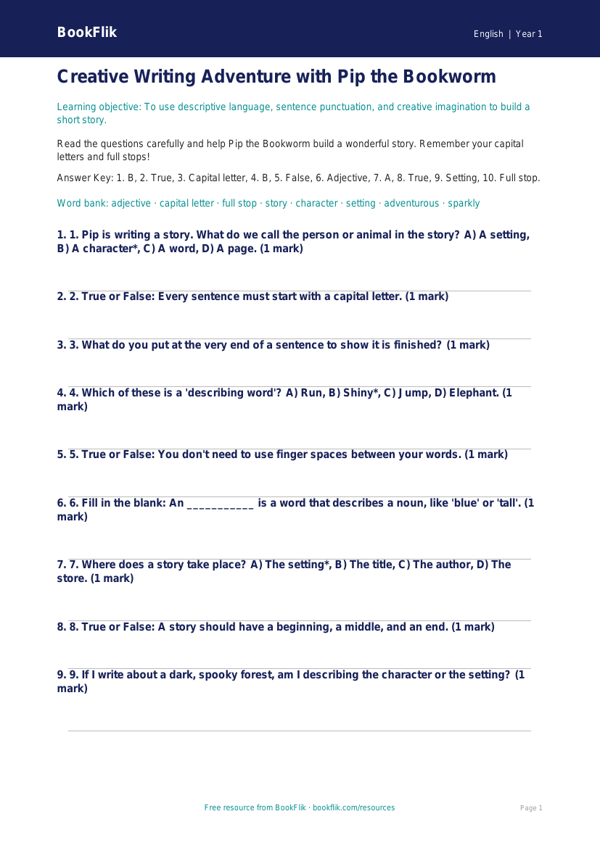 Free Creative Writing Quiz | Kindergarten | ELA | BookFlik worksheet preview — English Creative Writing