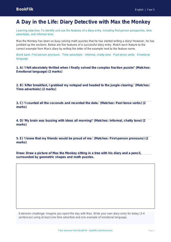 Free Diary Writing Activity Sheet | Grade 4 | ELA | BookFlik worksheet preview — English Diary Writing