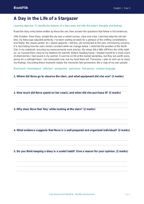Free Diary Writing Comprehension | Grade 4 | ELA | BookFlik worksheet preview — English Diary Writing