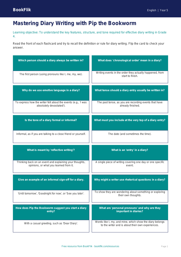 Free Diary Writing Flashcards | Grade 4 | ELA | BookFlik worksheet preview — English Diary Writing