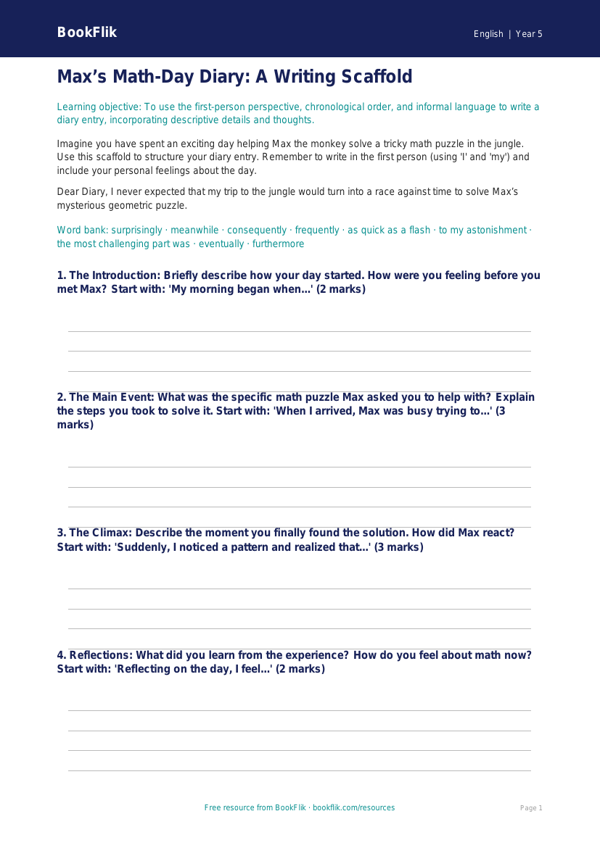 Free Diary Writing Writing Frame | Grade 4 | ELA | BookFlik worksheet preview — English Diary Writing