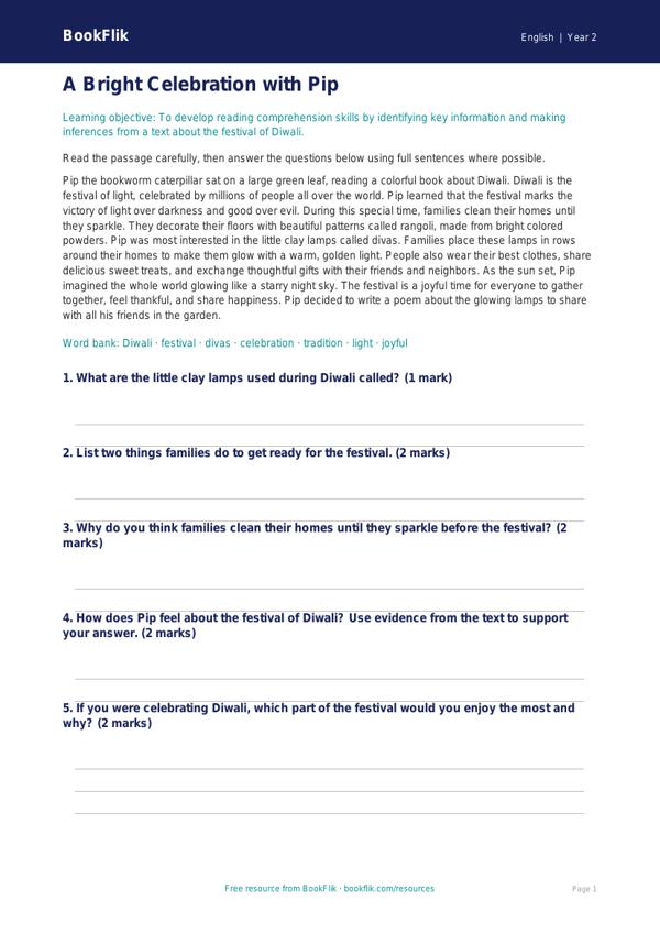 Free Diwali Story Comprehension | Grade 1 | ELA | BookFlik worksheet preview — English Diwali Story
