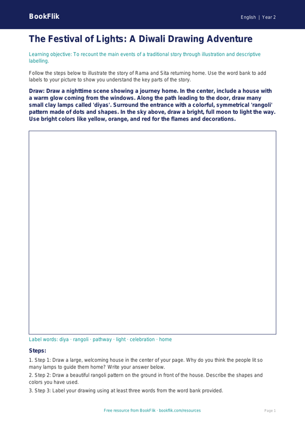Free Diwali Story Drawing Sheet | Grade 1 | ELA | BookFlik worksheet preview — English Diwali Story