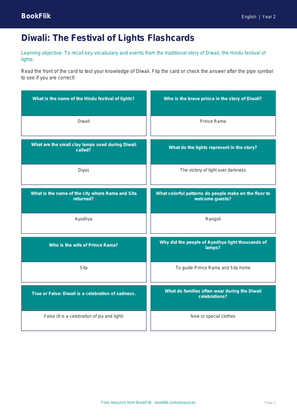 Free Diwali Story Flashcards | Grade 1 | ELA | BookFlik worksheet preview — English Diwali Story