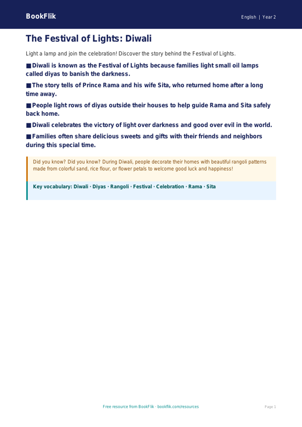 Free Diwali Story Poster | Grade 1 | ELA | BookFlik worksheet preview — English Diwali Story