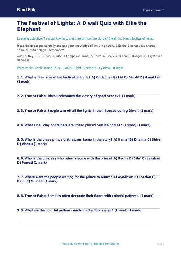 Free Diwali Story Quiz | Grade 1 | ELA | BookFlik worksheet preview — English Diwali Story