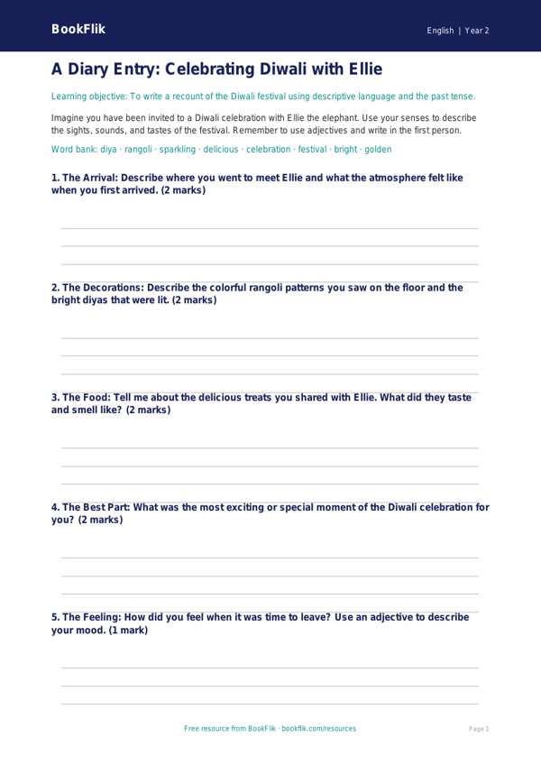 Free Diwali Story Template | Grade 1 | ELA | BookFlik worksheet preview — English Diwali Story
