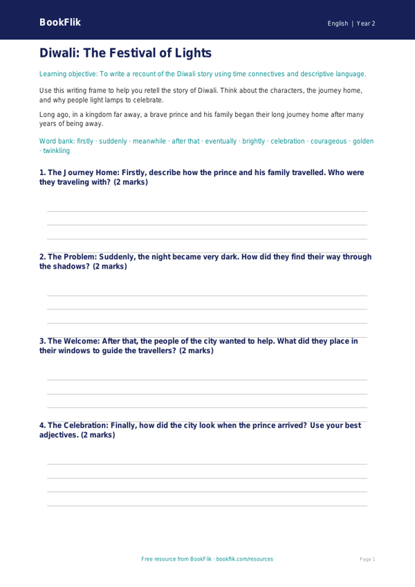 Free Diwali Story Writing Frame | Grade 1 | ELA | BookFlik worksheet preview — English Diwali Story