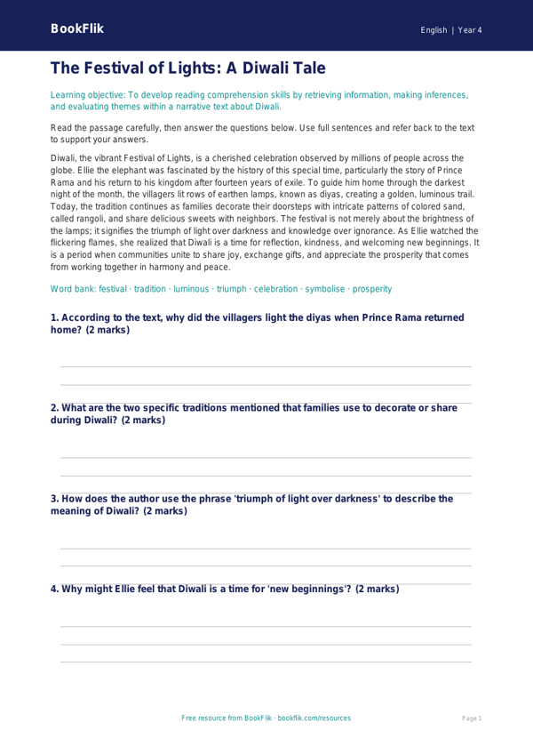 Free Diwali Story Comprehension | Grade 3 | ELA | BookFlik worksheet preview — English Diwali Story