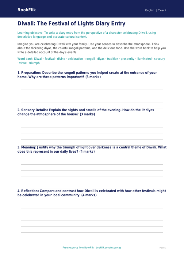 Free Diwali Story Template | Grade 3 | ELA | BookFlik worksheet preview — English Diwali Story