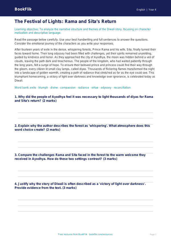 ELA diwali story track sheet grade 3 greater depth worksheet preview — English Diwali Story