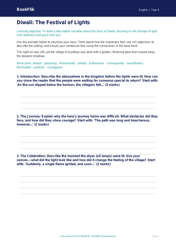 Free Diwali Story Writing Frame | Grade 3 | ELA | BookFlik worksheet preview — English Diwali Story