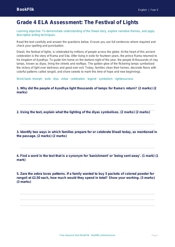 Free Diwali Story Assessment | Grade 4 | ELA | BookFlik worksheet preview — English Diwali Story