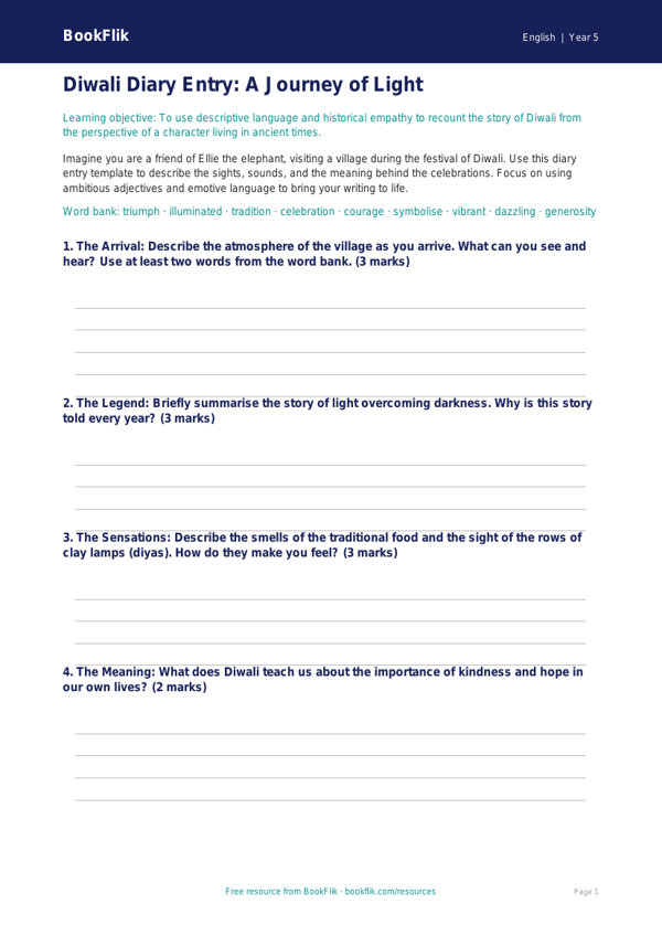 Free Diwali Story Template | Grade 4 | ELA | BookFlik worksheet preview — English Diwali Story