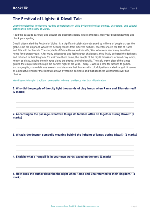 Free Diwali Story Track Sheet | Grade 4 | ELA | BookFlik worksheet preview — English Diwali Story