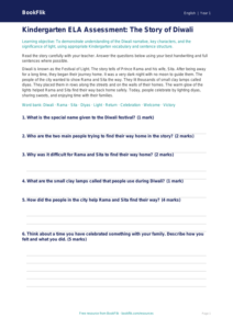 Free Diwali Story Assessment | Kindergarten | ELA | BookFlik