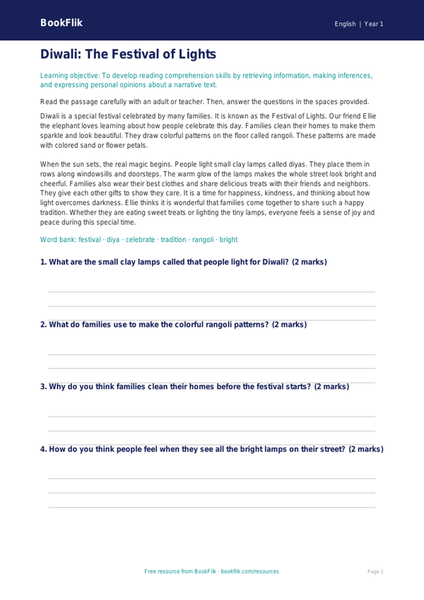 Free Diwali Story Comprehension | Kindergarten | ELA | BookFlik worksheet preview — English Diwali Story