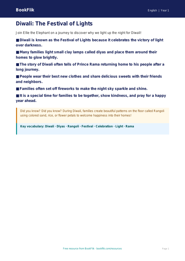 Free Diwali Story Poster | Kindergarten | ELA | BookFlik worksheet preview — English Diwali Story