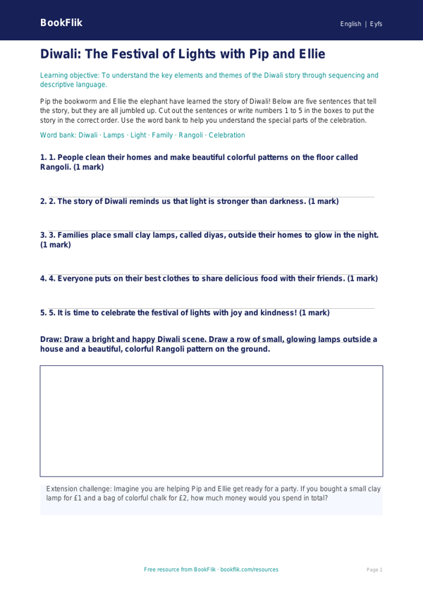 Free Diwali Story Activity Sheet | Pre-K | ELA | BookFlik worksheet preview — English Diwali Story