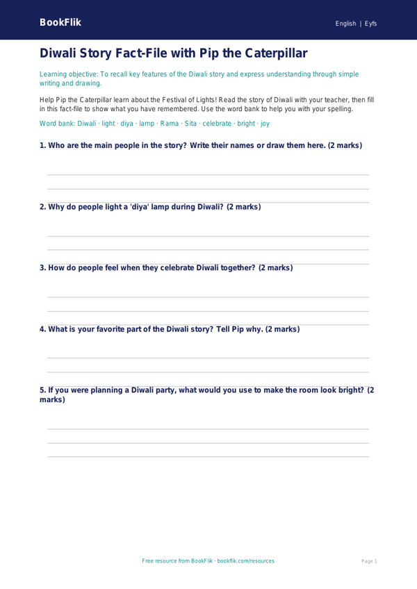Free Diwali Story Template | Pre-K | ELA | BookFlik worksheet preview — English Diwali Story