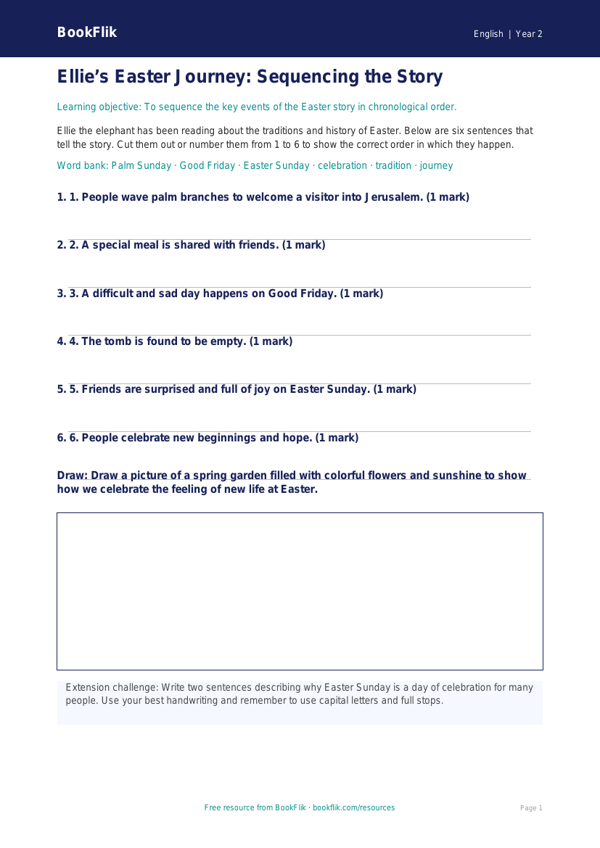 Free Easter Story Activity Sheet | Grade 1 | ELA | BookFlik worksheet preview — English Easter Story