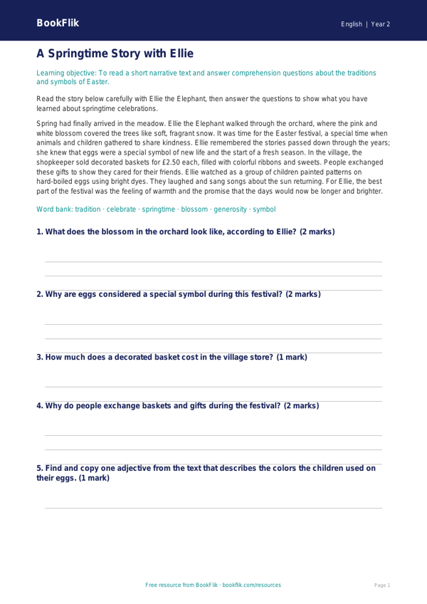 Free Easter Story Track Sheet | Grade 1 | ELA | BookFlik worksheet preview — English Easter Story