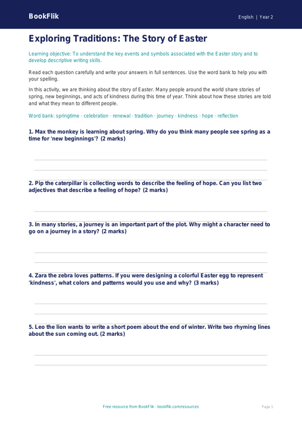 Free Easter Story Worksheet | Grade 1 | ELA | BookFlik worksheet preview — English Easter Story