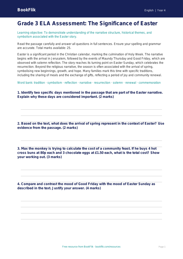 Free Easter Story Assessment | Grade 3 | ELA | BookFlik worksheet preview — English Easter Story