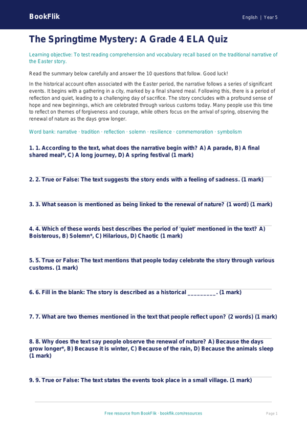 Free Easter Story Quiz | Grade 4 | ELA | BookFlik worksheet preview — English Easter Story