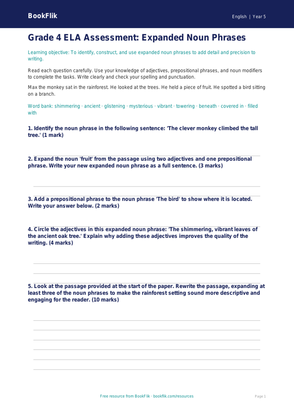 Free Expanded Noun Phrases Assessment | Grade 4 | ELA | BookFlik worksheet preview — English Expanded Noun Phrases
